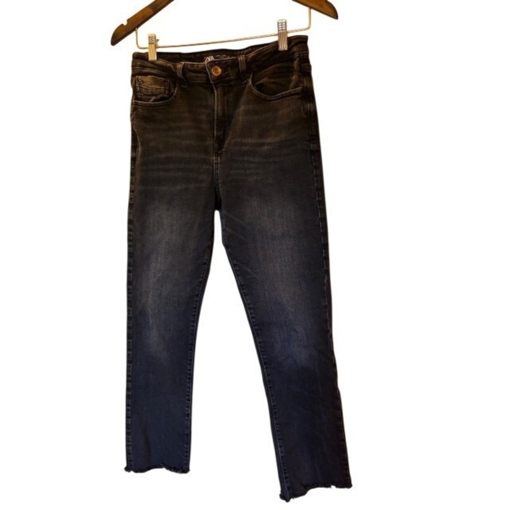 Zara High Waisted Slim Jeans Dark Wash Raw Hem Women's 6